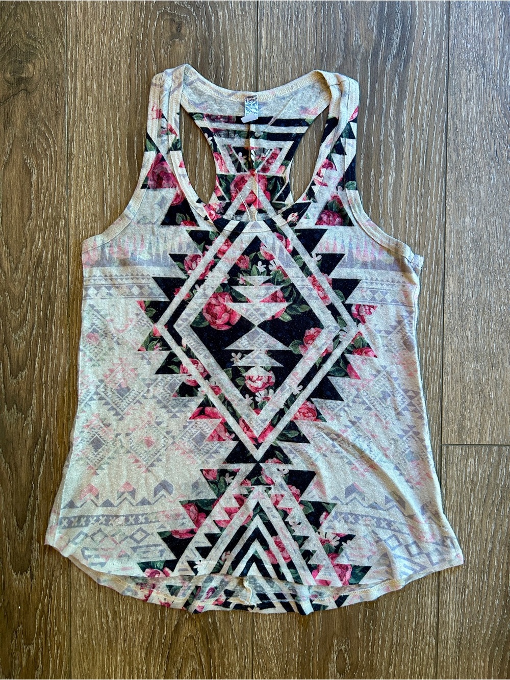 Bella D. Pink and Black Aztec Floral Racerback Tank